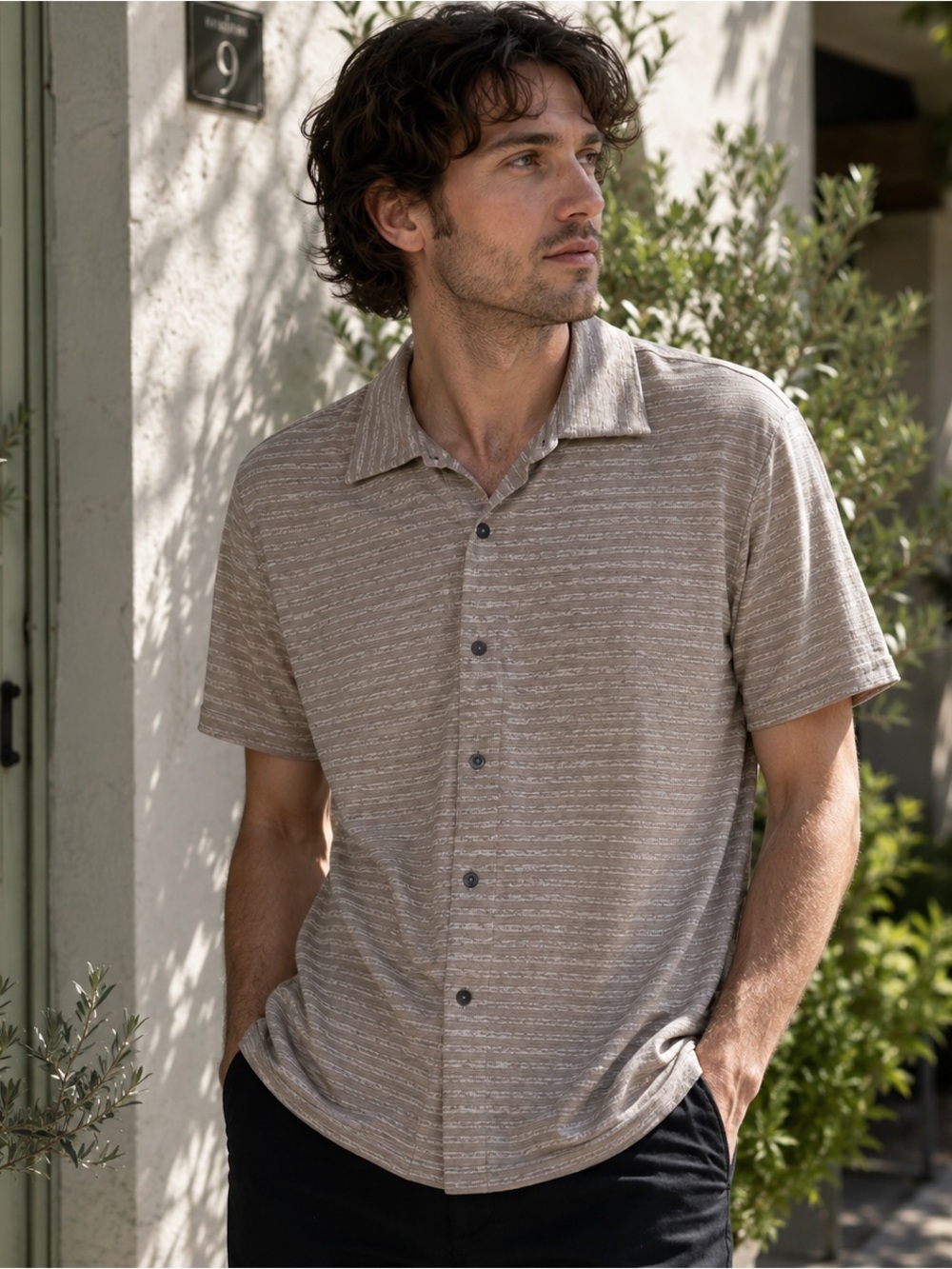 Robert Barakett XL Beige Textured Stripe Knit Button Front Polo Shirt Mens